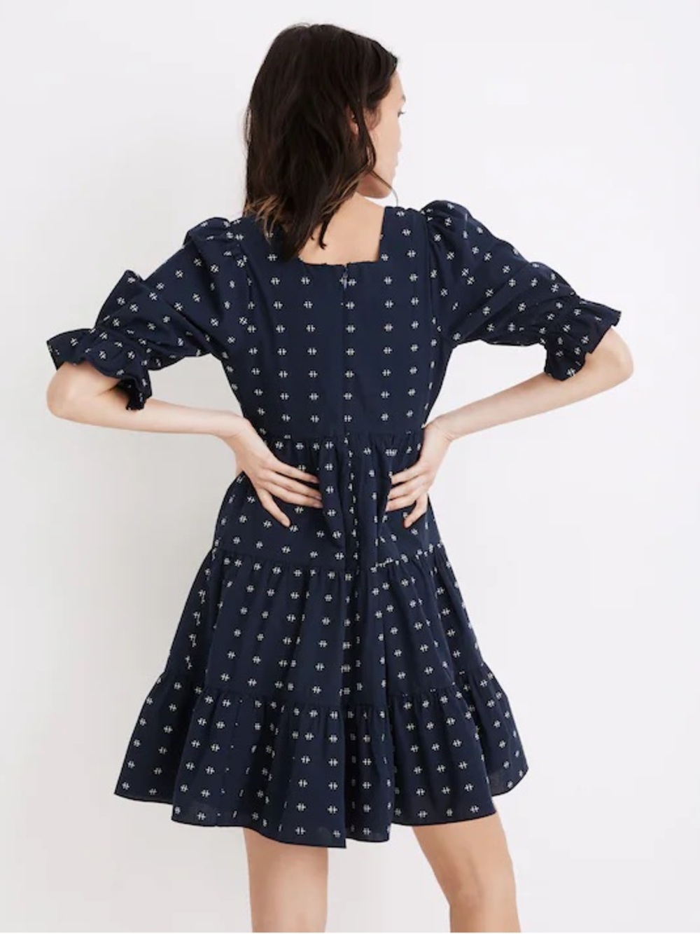 Madewell Tiered Babydoll Dress Square Neck Puff Sleeve Textured Mini Navy Size 8 - Picture 6 of 11